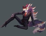 anthro black_clothing black_sclera boots clothing eyewear footwear glasses high_heeled_boots high_heels horn male necktie shoes solo suit uya_kyo lifewonders tokyo_afterschool_summoners bael_(tas) canid canine canis demon jackal mammal