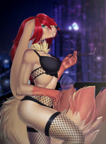 5_fingers alcohol anthro beverage black_nose blue_eyes clothed clothing collar detailed_background female fingers fully_clothed fur hair legwear lingerie long_ears multi_tail piercing red_hair smoke solo tail amarihel amur canid hybrid mammal 2d_animation animated digital_media_(artwork) full-length_portrait hi_res high_framerate motion_tweening no_sound portrait short_playtime webm