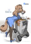 anthro biped blue_bottomwear blue_clothing blue_eyes blue_skirt bottomwear brown_tail clothing colored_nails container cup female fingernails furgonomic_bottomwear furgonomic_skirt furgonomics gesture hand_gesture holding_container holding_cup holding_mug holding_object leaning_on_another machine mug nails pattern_clothing pattern_shirt pattern_topwear pink_fingernails pink_nails pink_tongue screen screen_face shirt skirt solo standing sticker striped_clothing striped_shirt striped_topwear stripes tail text tire tongue tongue_out topwear v_sign wheel dentyou canid canine canis domestic_dog mammal robot character_name hi_res