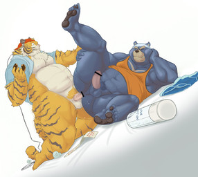 anal anal_penetration anthro balls barazoku bottomless bottomless_male cellphone censor_bar censored_genitalia clothed clothing condom duo eating_during_sex electronics erection genitals hat headgear headphones headwear ineffective_censorship kemono kerchief kneeling looking_at_another lube_bottle lying male male/male musclegut muscular muscular_male navel on_side overweight overweight_male pawpads penetration penile penile_penetration penis_in_ass phone plantigrade raised_leg safe_sex sex sexual_barrier_device smartphone smile underwear wearing_condom tetsuo_oshiba bear felid mammal pantherine tiger censored
