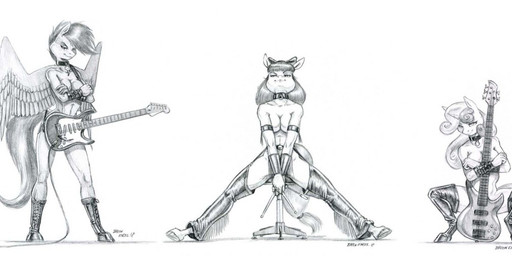 aged_up anthro bass_guitar boots chaps clothing collar drumming_stick female footwear furniture group guitar horn legwear looking_at_viewer musical_instrument nude percussion_mallet plucked_string_instrument shoes smile smiling_at_viewer stool strategically_covered string_instrument thigh_highs wings baron_engel friendship_is_magic hasbro my_little_pony mythology apple_bloom_(mlp) cutie_mark_crusaders_(mlp) scootaloo_(mlp) sweetie_belle_(mlp) earth_pony equid equine horse mammal mythological_creature mythological_equine pegasus pony unicorn graphite_(artwork) sketch traditional_media_(artwork)