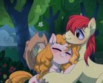 blush clothing cutie_mark duo female feral flower hair hat headgear headwear hug nature outside plant raining shrub tree renokim friendship_is_magic hasbro my_little_pony the_perfect_pear bright_mac_(mlp) pear_butter_(mlp) earth_pony equid equine horse mammal pony 2017 5:4 digital_media_(artwork) hi_res shaded