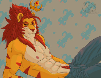anthro clothed clothing crown headgear looking_at_viewer lying male pattern_background pubes simple_background solo topless possumpecker felid lion mammal pantherine 2018 signature