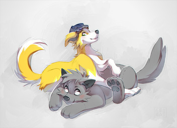 ambiguous_gender blush cheek_tuft clothing duo eye_contact facial_tuft feral fur grey_body grey_eyes grey_pawpads hat headgear headwear looking_at_another lying lying_on_another on_front pawpads plushie plushification simple_background smile smiling_at_another smiling_at_each_other snout tail tuft white_body white_fur yellow_body yellow_fur azzai pb_(tamerlee) zaia_(tamerlee) animate_inanimate canid canine canis domestic_dog living_plushie mammal 2025 colored colored_sketch digital_drawing_(artwork) digital_media_(artwork) shaded sketch