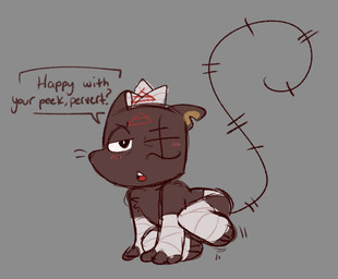 annoyed anthro bandages_only blush brown_body dialogue male pose scar shy solo tail text rabiesram cult_of_the_lamb massive_monster_(studio) ratau_(cult_of_the_lamb) mammal murid murine rat rodent english_text hi_res pinup