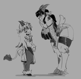 ankle_tuft anthro arm_tuft armwear bent_over big_breasts big_female black_highlights black_horn bone bottomwear bovine_tail breast_tattoo breasts clothing cloven_hooves collar corset cowbell cowbell_collar dragon_skull duo fangs female female_anthro fetlocks fishnet_armwear fishnet_clothing fluffy fluffy_hair freckled_face freckles hair hands_on_legs hands_on_thighs heart_(marking) highlights_(coloring) hooves horn horns_through_hat in_awe leather leather_strap leg_tuft lingerie long_hair looking_down looking_down_at_another looking_up_at_another male male/female male_anthro markings mature_anthro mature_female mottled multi_horn neck_tuft raised_tail shorts skull_helmet small_waist smile straps tail tail_tuft tattoo teeth thick_thighs topwear tuft wide_hips wrist_tuft young young_anthro young_male xxbrewbeastxx european_mythology greek_mythology mythology zushi_the_shaman bovid bovine caprine goat hybrid mammal minotaur satyr 2025 hi_res monochrome mother_(lore) mother_and_child_(lore) mother_and_son_(lore) parent_(lore) parent_and_child_(lore) parent_and_son_(lore) son_(lore)