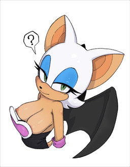 accident accidental_exposure anthro bat_wings big_breasts breasts brown_nipples eyelashes eyeshadow female fur looking_at_viewer makeup membrane_(anatomy) membranous_wings nipple_slip nipples oblivious question_mark simple_background smile solo speech_bubble tan_body white_background white_body white_fur wings notter_p sega sonic_the_hedgehog_(series) rouge_the_bat bat mammal