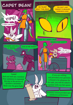 anthro armor cart dialogue eye_scar facial_scar female fluffy fur male pupils reading_aloud scales scar scared scroll slit_pupils speech_bubble text wool_(fur) vanilla_candy unicorn_blood_(comic) bean_(vanilla_candy) briar_(vanilla_candy) saffron_(unicorn_blood) tulip_(unicorn_blood) arthropod bovid caprine insect lagomorph lepidopteran lizard mammal moth reptile scalie sheep absurd_res comic english_text hi_res restricted_palette