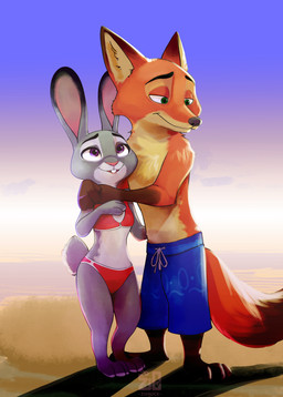 4_fingers anthro anthro_on_anthro beach bikini breasts brown_body brown_fur clothed clothing day duo female female_anthro fingers fur grey_body grey_fur interspecies male male/female male_anthro multicolored_body multicolored_fur orange_body orange_fur outside predator/prey swimming_trunks swimwear tan_body tan_fur teeth text two-piece_swimsuit zigrock001 disney zootopia judy_hopps nick_wilde canid canine european_rabbit fox lagomorph leporid mammal oryctolagus rabbit red_fox true_fox 2026 absurd_res artist_name hi_res watermark
