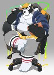 anthro belly big_belly black_nose bulge chair clothed clothing eyewear feet furniture glasses grey_body hat headgear headwear hoodie kemono male open_clothing open_hoodie open_topwear overweight overweight_male shirt sitting solo topwear underwear beartouma_0517 mammal procyonid raccoon 2024 hi_res