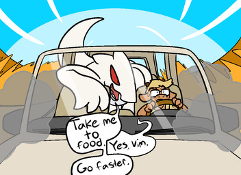 anthro bodily_fluids car day driving duo eyewear fast front_view glasses hair horn inside inside_car inside_vehicle red_eyes sky sweat teeth text tongue vehicle trout_(artist) lyle~b vim_(coshiboyer) bovid caprine goat kobold mammal reptile scalie 11:8 2016 aliasing digital_media_(artwork) english_text