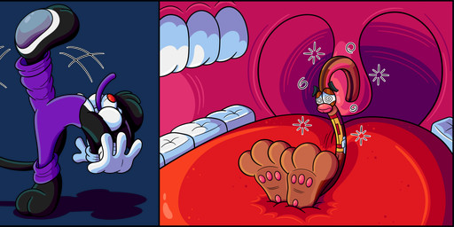 2_toes 3_toes 4_fingers anthro big_feet big_pawpads big_tongue big_uvula cartoon_gloves cartoon_physics cheek_bulge clothing drinking_straw drinking_straw_in_mouth duo feet fingers inside_mouth male male/male mawplay overalls pawpads paws red_tongue shirt slapstick slapstick_humor soft_vore soles tail toes tongue toony topwear uvula vore wide_tongue marquis2007 herman_(marquis2007) roderick_(tamerkoh) imp lagomorph leporid mammal rabbit absurd_res alpha_channel hi_res multiple_scenes