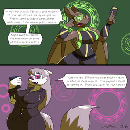 2_panel_comic anthro blush blush_stickers breasts brown_body business_suit cellphone cleavage clothed clothing cyberpunk dialogue electronics eyelashes eyewear female glasses long_eyelashes multicolored_body orange_eyes phone pink_eyes pink_hair_tips science_fiction sleevless smartphone speech_bubble spots spotted_shoulders suit text topwear vest visor white_body dirtymac mac-daddy bat domestic_cat felid feline felis mammal 1:1 absurd_res comic english_text hi_res