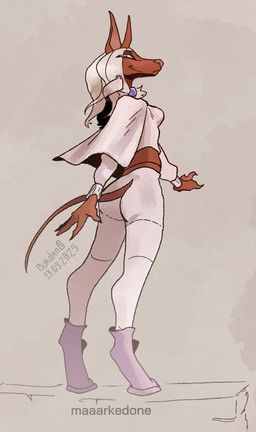 accessory anthro bottomwear butt clothed clothing crop_top digitigrade female footwear furgonomic_footwear furgonomics hair hair_accessory jackal_ears jackal_tail long_hair looking_at_viewer looking_back midriff pants rear_view shirt shoes simple_background smile solo standing tail tight_bottomwear tight_clothing tight_pants topwear white_hair bokdan0 jesenna_(maaarked_one) anubian_jackal canid canine canis jackal mammal digital_media_(artwork) hi_res signature