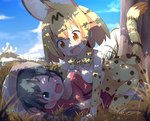 backpack blush bottomwear bow_tie clothed clothing dry_grass duo feathers female female/female gloves grass handwear hat headgear headwear hug plant red_grass skirt tail tail_under_skirt under_tree volcano young makuran kemono_friends safari kaban-chan serval-chan felid feline human mammal serval colored