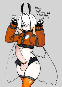 accessory antennae_(anatomy) balls big_penis bodily_fluids bottomwear bulge clothed clothing cock_ring crop_top femboy futuristic_clothing genitals gesture gloves hair hand_gesture handwear heart_symbol highlights_(coloring) hotpants hung_femboy jacket jewelry kiss_mark legwear lipstick_on_balls long_hair male midriff navel nervous nervous_smile nervous_sweat nude penis penis_accessory penis_jewelry pose reaction_shot saliva shirt shorts simple_background small_waist solo sweat sweatdrop text thick_thighs thigh_highs throbbing throbbing_penis topwear v_sign wings probablyavv mars_(probablyavv) animal_humanoid arthropod arthropod_humanoid humanoid insect insect_humanoid lepidopteran moth 2025 hi_res