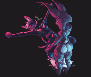 abdominal_bulge anthro anthro_on_anthro anthro_penetrated anthro_penetrating big_butt bisexual_lighting blindfold bodily_fluids butt clenched_teeth clothing cross cross_ear_piercing cross_piercing cum cum_drip cum_pooling dripping duo excessive_cum excessive_genital_fluids fist genital_fluids hair holding_both_legs holding_both_thighs latex latex_clothing latex_skinsuit looking_at_another looking_at_partner male male/male obscured_genitals penetration piercing sex skinsuit slim_male small_waist spread_arms spread_legs spreading standing tail tail_motion tailwag teeth thick_thighs tight_clothing white_hair rik_grape spiritu_nogales canid canine canis chihuahua domestic_dog felid feline lynx mammal toy_dog 2025 hi_res shaded shaded_line_art signature