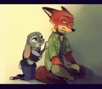 anthro clothed clothing collar duo female fur green_eyes male necktie police police_uniform purple_eyes shock_collar sitting uniform ydk1226 disney zootopia judy_hopps nick_wilde canid canine fox lagomorph leporid mammal rabbit red_fox true_fox letterbox