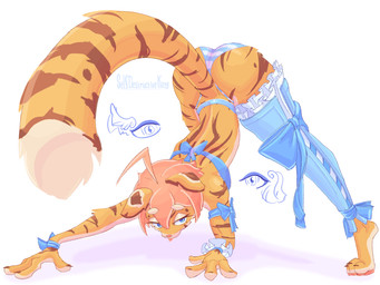 3_toes 4_fingers ahoge all_fours anthro ass_up belt blue_eyes bottomwear brown_stripes clothing countershading dipstick_tail eyelashes feet female fingers frilly fur hair head_down looking_at_viewer markings nails orange_body orange_fur panties pattern_bottomwear pattern_clothing pattern_panties pattern_underwear pink_hair presenting ribbons solo striped_bottomwear striped_clothing striped_markings striped_panties striped_underwear stripes tail tail_markings toenails toes tongue tongue_out underwear white_sclera wings selfdestructking fragola_(selfdestructking) felid mammal pantherine tiger 4:3 absurd_res hi_res
