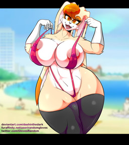 anthro armwear beach big_breasts blurred_background breasts brown_body brown_eyes brown_fur camel_toe clothing detached_sleeves female fur genitals huge_breasts legwear lipstick makeup nipple_slip nipples one-piece_swimsuit open_mouth sling_bikini smile social_media solo swimwear text thigh_highs vulva randomgloves sega sonic_the_hedgehog_(series) vanilla_the_rabbit lagomorph leporid mammal rabbit absurd_res artist_name hi_res url