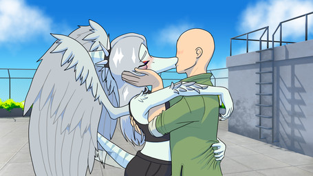 anthro bald biped black_bottomwear black_clothing black_crop_top black_pants black_shirt black_topwear blue_body blush bone_frill bottomwear canon_couple clothed clothed_anthro clothed_female clothed_human clothed_male clothing cloud collar crop_top day duo elbow_feathers eyes_closed feathered_wings feathers female fingers frill_(anatomy) furgonomics green_clothing green_jacket green_topwear grey_body grey_feathers grey_hair hair hand_on_face human_on_anthro humanoid_hands interspecies jacket kissing ladder long_hair male male/female markings midriff motion_lines outside pants romantic romantic_couple rooftop shirt shirt_grab spiked_collar spikes standing striped_markings stripes tail tail_motion tailwag topwear wings areloch cavemanon_studios goodbye_volcano_high ko_op_(game_developer) snoot_game anon_(snoot_game) fang_(gvh) human mammal prehistoric_species pterodactylus pterosaur reptile scalie 16:9 colored hi_res shaded widescreen