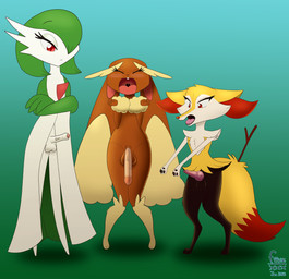 animal_genitalia animal_penis anthro canine_genitalia canine_penis comparing comparing_penis embarrassed flat_chested fluffy foreskin genitals group gynomorph intersex knot long_legs long_penis pear-shaped_figure penis penis_size_difference slim thick_thighs thin_calves thin_legs thin_thighs wide_hips foxyxxx nintendo pokemon braixen gardevoir generation_3_pokemon generation_4_pokemon generation_6_pokemon lopunny pokemon_(species) hi_res