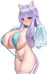 big_breasts bikini blush breasts clothing female hair huge_breasts navel one-piece_swimsuit purple_hair simple_background sling_bikini solo swimwear two-piece_swimsuit white_background kaedeno_yuu animal_humanoid cat_humanoid felid felid_humanoid feline feline_humanoid humanoid mammal mammal_humanoid 9:14 absurd_res hi_res