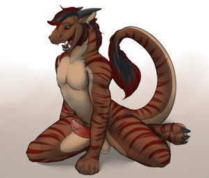 anthro balls beard black_hair brown_body countershade_balls countershade_crotch countershade_genitalia countershade_neck countershade_tail countershade_torso countershading ear_piercing ear_ring erection facial_hair genitals green_eyes hair kneeling looking_at_viewer male male_anthro non-mammal_balls nude nude_anthro nude_male open_mouth open_smile penis piercing pink_penis red_body red_hair ring_piercing simple_background smile smiling_at_viewer solo striped_body stripes tail tan_body teeth tongue mintyderg mythology draca dragon mythological_creature mythological_scalie scalie 2018
