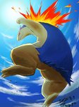 3_toes ambiguous_gender blue_body blue_fur blue_sky cloud feet feral fire fur jumping lens_flare low-angle_view red_eyes sky solo sun tan_body toes worm's-eye_view anago nintendo pokemon generation_2_pokemon pokemon_(species) typhlosion 2020 3:4 blue_theme