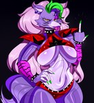 black_background breasts female fur gesture green_hair hair hand_gesture hand_on_belly making_faces middle_finger nipple_outline purple_body purple_fur rude simple_background solo taunting teasing tongue tongue_out yellow_eyes tayronnebr five_nights_at_freddy's five_nights_at_freddy's:_security_breach scottgames steel_wool_studios roxanne_wolf canid canine canis mammal wolf 2022 absurd_res digital_media_(artwork) hi_res