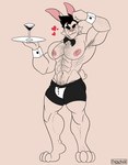abs anthro areola armpit_hair barazoku biped body_hair bottomwear bunny_costume chest_hair clothing container costume cup digitigrade drinking_glass feet fingers fist front_view fur glass glass_container glass_cup hair heart_symbol humanoid_hands looking_at_viewer male muscular muscular_anthro muscular_arms muscular_legs muscular_male navel nipples one_eye_closed pecs pink_areola pink_nipples pubes raised_arm short_hair short_tail shorts simple_background smile solo standing tail tan_background tan_body tan_fur text toes wine_glass moschythehyena hugetherabbit lagomorph leporid mammal rabbit 2024 artist_name colored full-length_portrait hi_res portrait