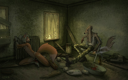 abandoned_building anthro blood bodily_fluids bound breasts camo camo_clothing camo_print castration cigarette clothing cock_and_ball_torture dim_lighting duo exposed_testicle femboy forced_castration genital_mutilation genital_torture gore hands_tied hostage kidnapping long_ears male mutilation nude_male pattern_clothing scared small_breasts trash iziks iziks_(character) waitson canid canine canis domestic_dog fox mammal hi_res