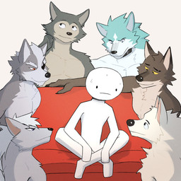 ambiguous_gender anthro blue_eyes bodily_fluids cheek_tuft chest_tuft collar countershading crossed_legs eye_patch eyewear facial_tuft fur furniture grey_body grey_fur group group_nudity interspecies male multicolored_body multicolored_fur muscular muscular_male nude pecs red_eyes sitting sofa sweat tuft two_tone_body two_tone_fur white_body white_fur yellow_sclera jrjresq beastars brand_new_animal disney dreamworks nintendo piper_perri_surrounded pretty_cure smile_pretty_cure star_fox studio_trigger the_bad_guys anon legoshi_(beastars) mr._wolf_(the_bad_guys) shirou_ogami wolf_o'donnell wolfrun canid canine canis mammal wolf 1:1 crossover hi_res meme