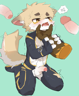 anthro bodily_fluids circumcised disembodied_hand disembodied_penis foreskin fur genital_fluids genitals group kneeling male male/male penis precum solo tan_body tan_fur trio white_body white_fur young young_male nekowuwu canid canine fennec_fox fox mammal true_fox hi_res