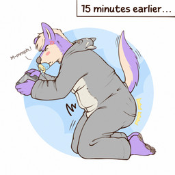 ageplay anthro blush clothing cross-popping_vein diaper feces infantilism kneeling male narrowed_eyes object_in_mouth onesie pacifier pacifier_clip pacifier_in_mouth pawpads paws pooping pushing raised_tail roleplay slightly_chubby soiling solo squint tail text tennettthedl nintendo nintendo_switch_2 tennet canid canine canis mammal wolf 1:1 english_text hi_res