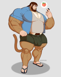 anthro barazoku beard big_bulge big_claws big_muscles big_pecs bottomwear bulge claws clothed clothing ear_piercing electronics facial_hair huge_pecs large_female looking_at_object looking_at_phone male muscular muscular_arms muscular_male pecs phone piercing shorts solo thick_thighs buzzybub haplorhine mammal monkey primate hi_res