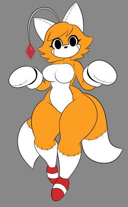 anthro big_head black_eyes breasts clothing crossgender female footwear gem gloves grey_background handwear mouthless mtf_crossgender multi_tail multicolored_body orange_body plushie red_clothing red_footwear red_gem red_shoes seam_(sewing) shoes simple_background solo tail two_tone_body white_body superbage sega sonic_the_hedgehog_(series) tails_doll animate_inanimate canid canine fox living_plushie mammal 2026 absurd_res flat_colors hi_res