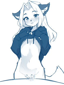 anthro blep blush blush_lines bodily_fluids bottomless clitoris clothed clothing clothing_lift countershade_ears countershading dark_clothing dark_gloves dark_hands dark_handwear drawing_on_body drawstring drawstring_hoodie drawstring_topwear eyebrow_through_hair eyebrows eyelashes female female_anthro fluffy fluffy_tail fur furniture genital_fluids genitals gloves gloves_(marking) hair handwear holding_clothing holding_hoodie holding_object holding_topwear hood_down hoodie hoodie_lift long_hair long_tail looking_at_viewer markings simple_background smile smiling_at_viewer solo standing tail tongue tongue_out topwear translucent translucent_hair vaginal_fluids vulva white_background lilkon pussy-cat_(meme) twokinds laura_(twokinds) canid canine fox keidran mammal red_fox true_fox absurd_res blue_and_white hi_res meme monochrome sketch