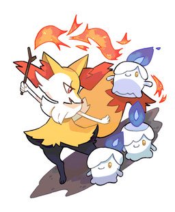3_toes 4_fingers ambiguous_anthro ambiguous_gender anthro arm_tuft biped black_body black_fur cheek_tuft chest_tuft closed_smile colored_fire digitigrade dipstick_tail dutch_angle elemental_manipulation facial_tuft feet fingers fire fire_manipulation fluffy fluffy_tail front_view fur group holding_object holding_stick inner_ear_fluff looking_at_another markings mouth_closed multicolored_body multicolored_fur nude_ambiguous nude_anthro open_mouth open_smile orange_body orange_eyes orange_fur orange_nose orange_tail pointy_ears prick_ears purple_fire raised_arm shoulder_tuft simple_background smile snout standing stick tail tail_markings toes tuft two_tone_tail white_background white_body white_fur yellow_body yellow_eyes yellow_fur yellow_tail yumbrite nintendo pokemon animate_inanimate braixen canid generation_5_pokemon generation_6_pokemon litwick mammal pokemon_(species) 2026 cel_shading digital_drawing_(artwork) digital_media_(artwork) english_description hi_res shaded