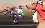 anthro big_breasts blonde_hair blush breasts brown_body brown_fur clothed clothing desert duo female flashing flashing_breasts fur gesture hair hand_gesture huge_breasts looking_at_breasts male male/female markings raised_clothing raised_topwear riding_motorcycle side_boob smile solo spots spotted_markings tail topwear v_sign vehicle zacharysmith karra_(ziokleos) canid canine canis domestic_dog mammal 2024 digital_media_(artwork) hi_res