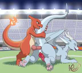 2_horns anal anal_penetration animal_genitalia balls blue_eyes butt digitigrade duo erection eyes_closed fire flaming_tail from_behind_position genital_slit genitals grey_body horn knot knotted_penis male male/male male_penetrated male_penetrating male_penetrating_male multicolored_body non-canine_knot non-mammal_balls open_mouth pawpads paws penetration penile penile_penetration penis penis_in_ass public public_sex red_body sex stadium tail tail_grab tan_body tapering_penis tongue tongue_out two_tone_body white_body wings meleon mythology nintendo pokemon anu calor_(calor_lacerta) charmeleon dragon generation_1_pokemon mythological_creature mythological_scalie pokemon_(species) scalie white_dragon_(species) hi_res