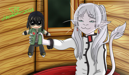 anthro female hair plushie presenting smug smug_face solo tree_house white_body white_hair crossburn frieren_beyond_journey's_end voices_of_the_void frieren ariral human mammal absurd_res hi_res