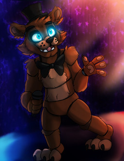 anthro big_bow_tie black_eyebrows black_nose blue_eyes bow_tie brown_body brown_ears brown_fur claws clothing curtains curtains_closed electronics eyebrows featureless_crotch fur glowing glowing_eyes happy hat headgear headwear looking_away machine male microphone multicolored_body multicolored_fur open_mouth pawpads paws pink_tongue raised_arm shadow singer smile solo stage stage_curtains standing star tan_body tan_fur teeth toe_claws tongue toony top_hat writtenstars87 five_nights_at_freddy's scottgames freddy_(fnaf) animatronic bear mammal robot 2020 absurd_res full-length_portrait hi_res portrait