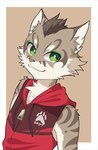 anthro clothing green_eyes happy looking_at_viewer male red_clothing red_topwear solo topwear kuzugitsune nekojishi studio_klondike shu-chi deity felid feline leopard_cat mammal prionailurus 2018