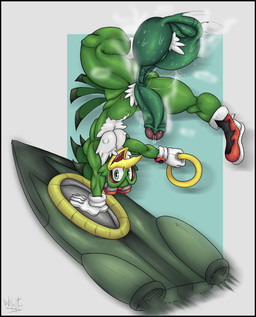 anthro balls beak big_balls big_penis black_border bodily_fluids border clothing cum eyewear eyewear_on_head feathers footwear genital_fluids genitals glans gloves goggles goggles_on_head green_body green_eyes green_feathers handwear headgear headwear hoverboard huge_balls huge_penis humanoid_genitalia humanoid_penis hyper hyper_balls hyper_genitalia hyper_penis leaking_cum looking_at_viewer male muscular muscular_anthro nipple_outline non-mammal_balls penis pubes pubic_feathers raphe_(anatomy) shoes simple_background solo steam sweat sweaty_balls sweaty_genitalia tail tail_feathers tuft vein veiny_penis wilelter sega sonic_riders sonic_the_hedgehog_(series) jet_the_hawk accipitrid accipitriform avian bird hi_res