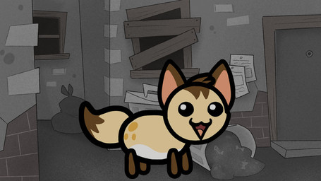 alley detailed_background dipstick_tail feral game_background happy head_tuft leg_markings male markings multicolored_body open_mouth solo tail tail_markings tan_body thigh_markings tongue trash tuft two_tone_body shatterstone mewgenics turb_(turbineclaw) canid canine fox mammal
