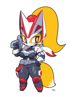 anthro armor belt blonde_hair bodysuit breasts brown_eyes chibi clothed clothing cosplay female fluffy fluffy_tail fur gun hair hand_on_hip headgear helmet holding_gun holding_object holding_ranged_weapon holding_weapon kemono ponytail ranged_weapon simple_background skinsuit smile solo tail tight_clothing weapon white_background wide_hips yellow_body yellow_fur woory kamen_rider kamen_rider_geats bikusen canid canine fox mammal absurd_res hi_res