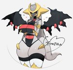 anthro arm_under_breasts biped black_sclera black_wings breasts crossed_arms female female_humanoid frown grey_body grey_hair grey_tail hair heart_symbol long_hair navel red_body red_eyes simple_background solo spikes spikes_(anatomy) standing tail white_background wings togetoge nintendo pokemon altered_forme_giratina generation_4_pokemon giratina humanoid legendary_pokemon pokemon_(species) hi_res portrait three-quarter_portrait