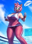 anthro clothed clothing cloud ear_piercing eyelashes female fingers open_mouth outside piercing solo teeth text blu_rent sega sonic_the_hedgehog_(series) amy_rose eulipotyphlan hedgehog mammal 2023 absurd_res artist_name digital_media_(artwork) hi_res