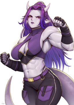 abs bangs biceps blue_eyes bottomwear breasts clothing deltoids eyelashes female fingerless_gloves gloves grey_body grey_skin hair halter_top handwear horn humanoid_pointy_ears long_eyelashes midriff muscular muscular_female navel not_furry obliques pants pointy_ears purple_hair scales solo tail thong_straps speedl00ver demon humanoid 2023 absurd_res hi_res